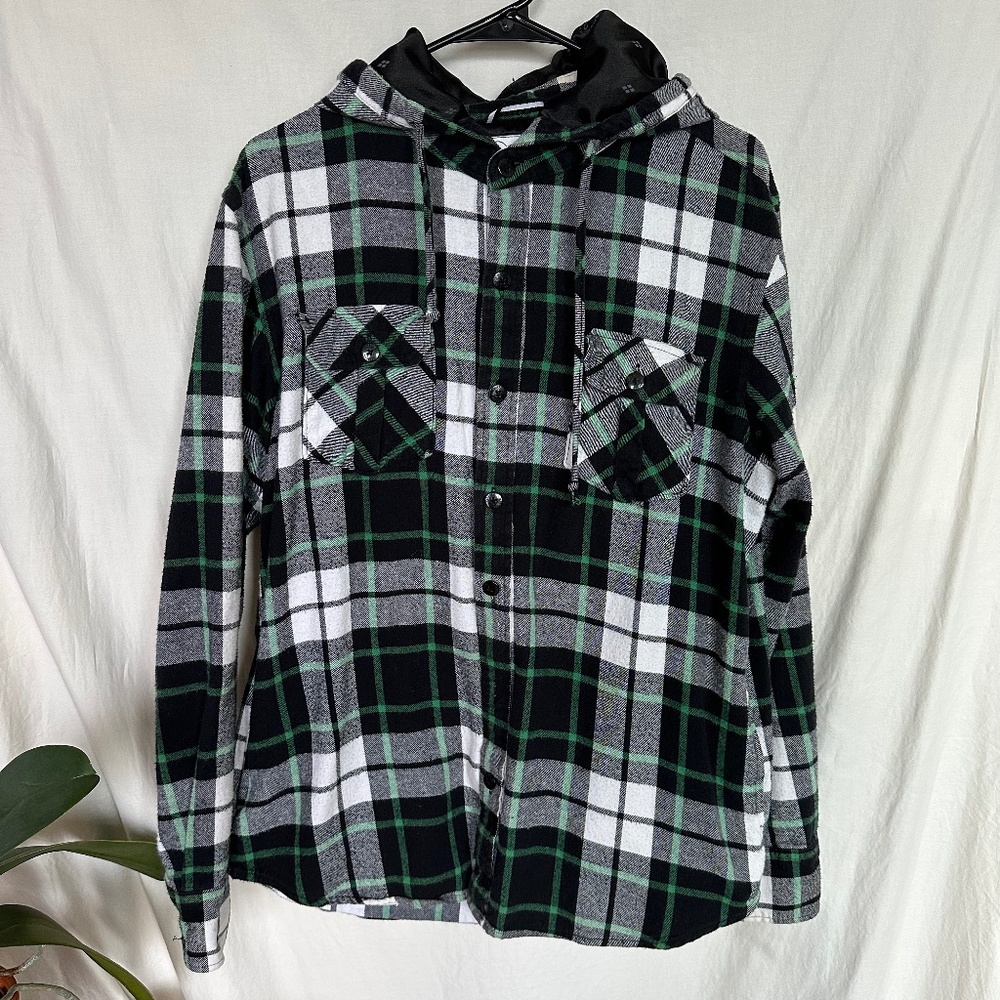 Ezekiel - Hooded Flannel Jacket - Green and Navy Blue - Size Large